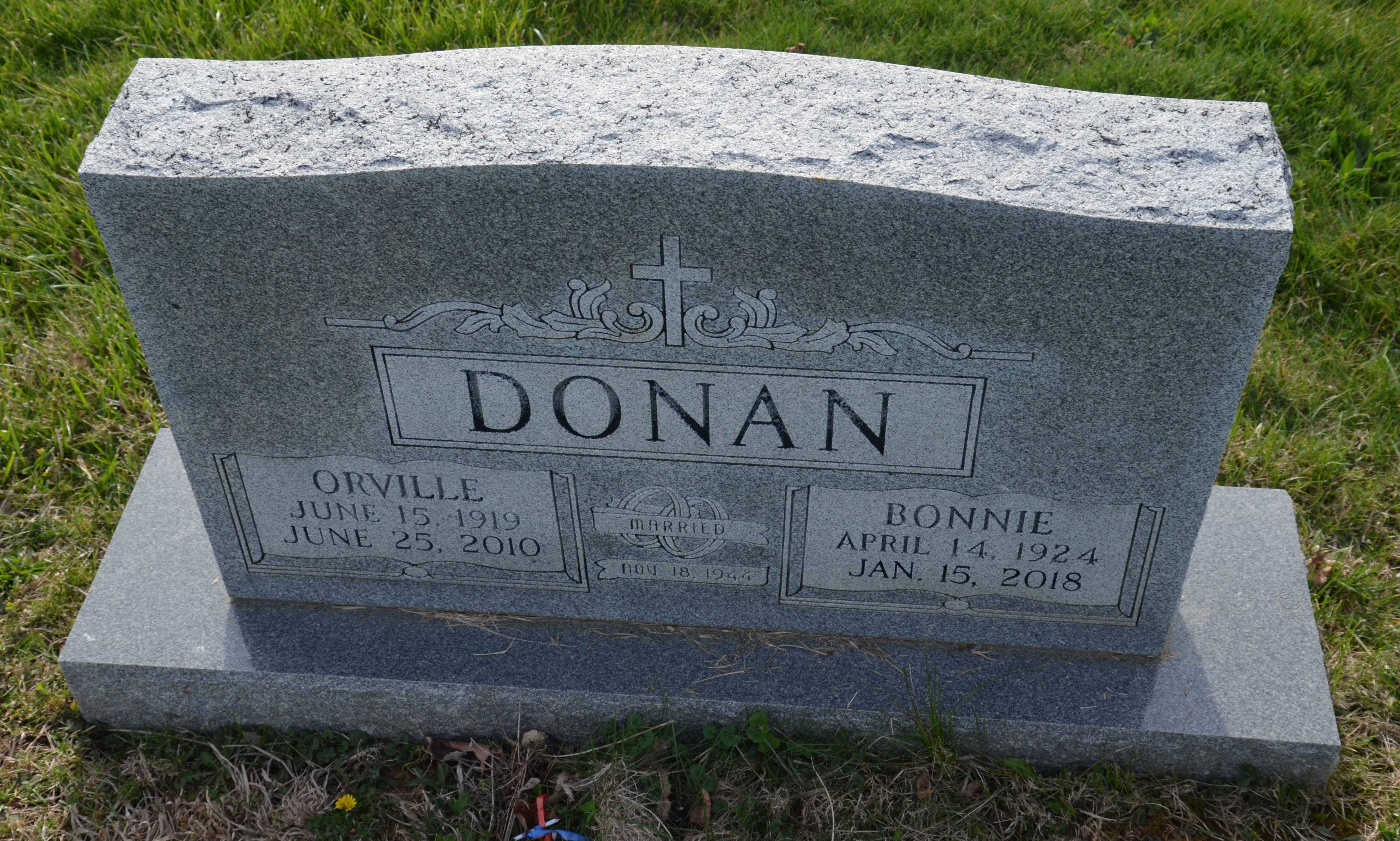 Gravestone front for Orville Donan